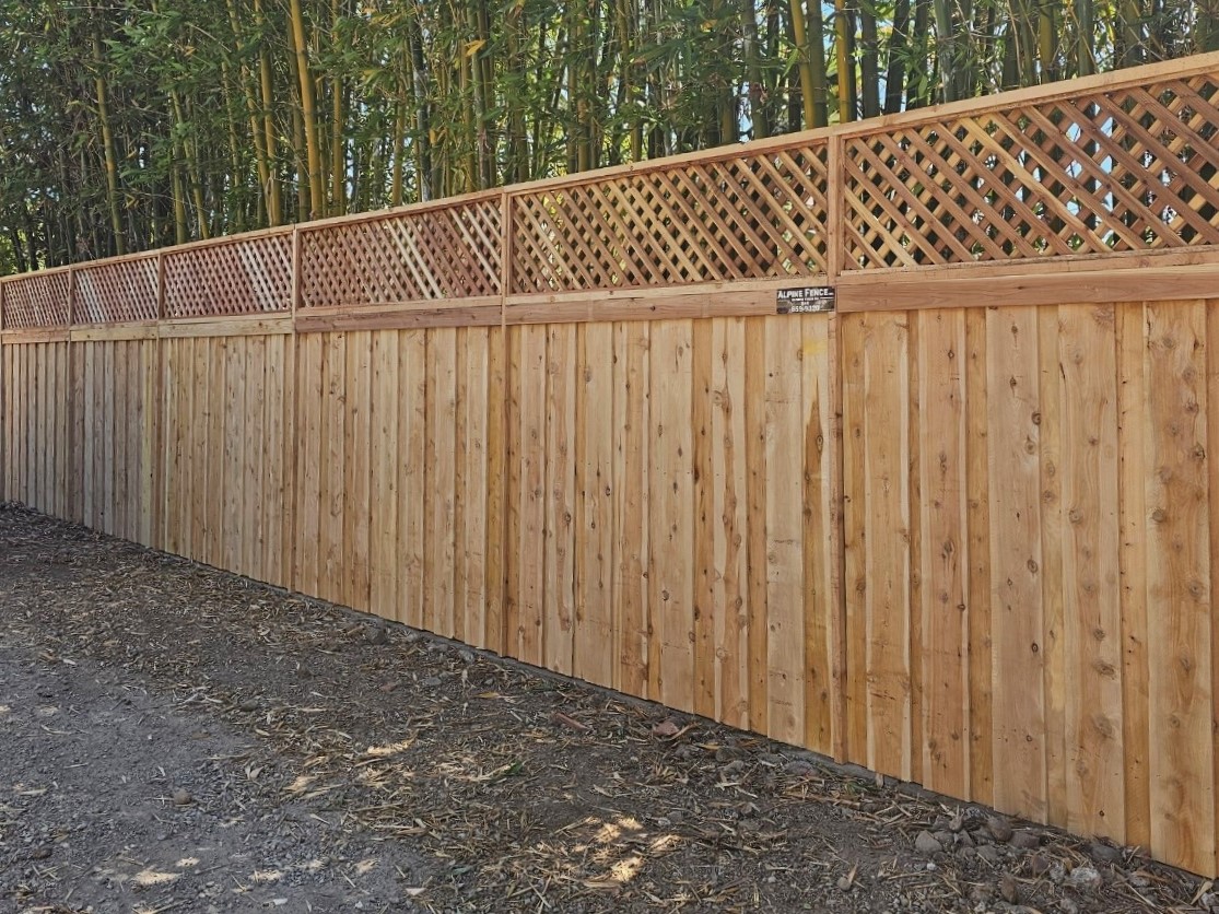 13. Durable steel post fencing with a decorative lattice top for a timeless look.