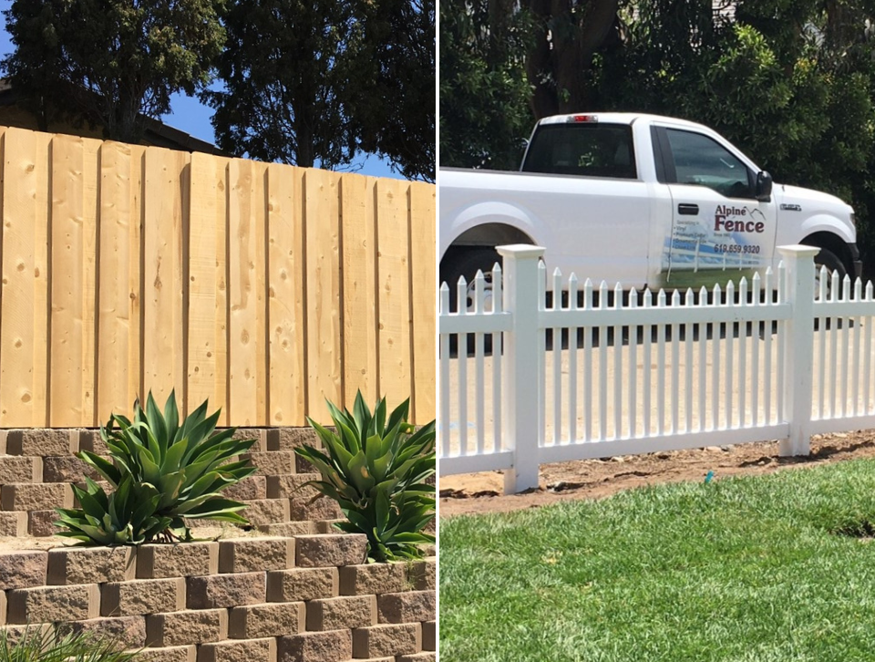 Board-on-board wood fence vs. narrow vinyl picket fence, both installed by Alpine Fence Company.
