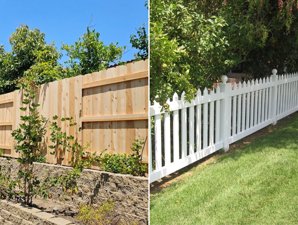 Dog-eared cedar fence with alternating panels and pointed tops and ball caps on vinyl picket fence. Installed by Alpine Fence Company.
