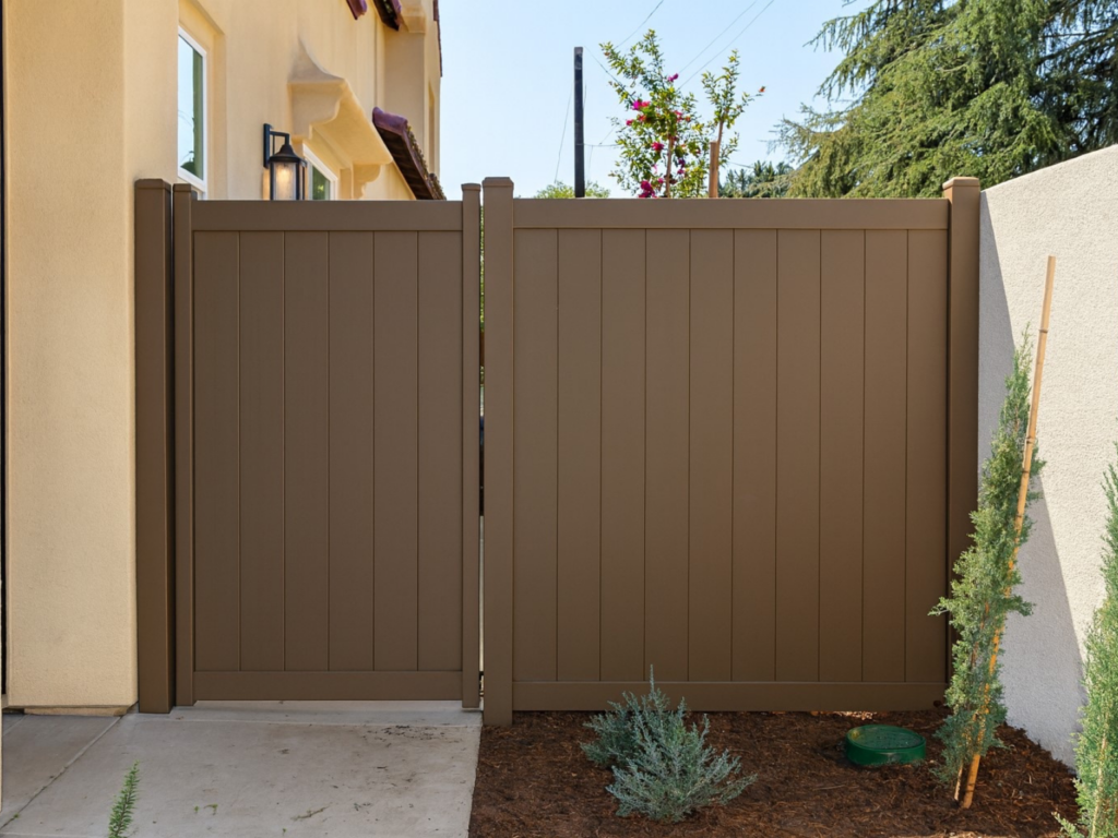 2. Brown vertical metal privacy fence with gate.
