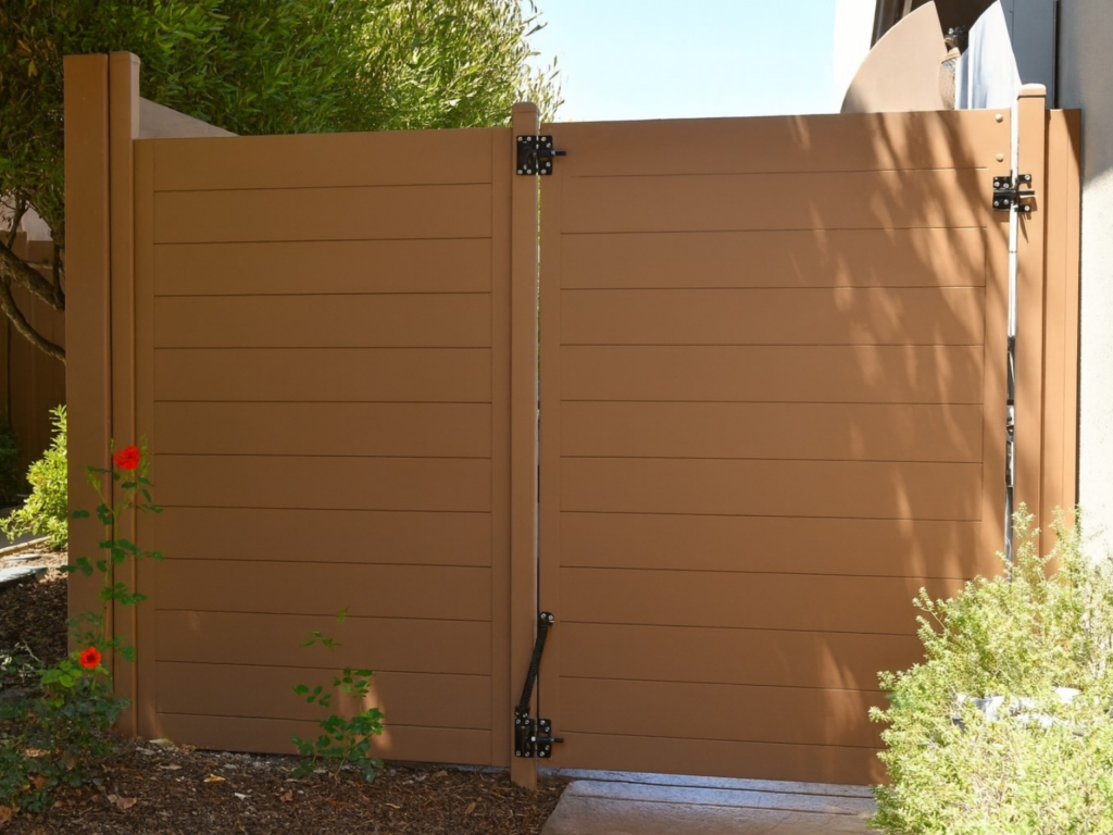 13. Horizontal metal privacy fence with gate.